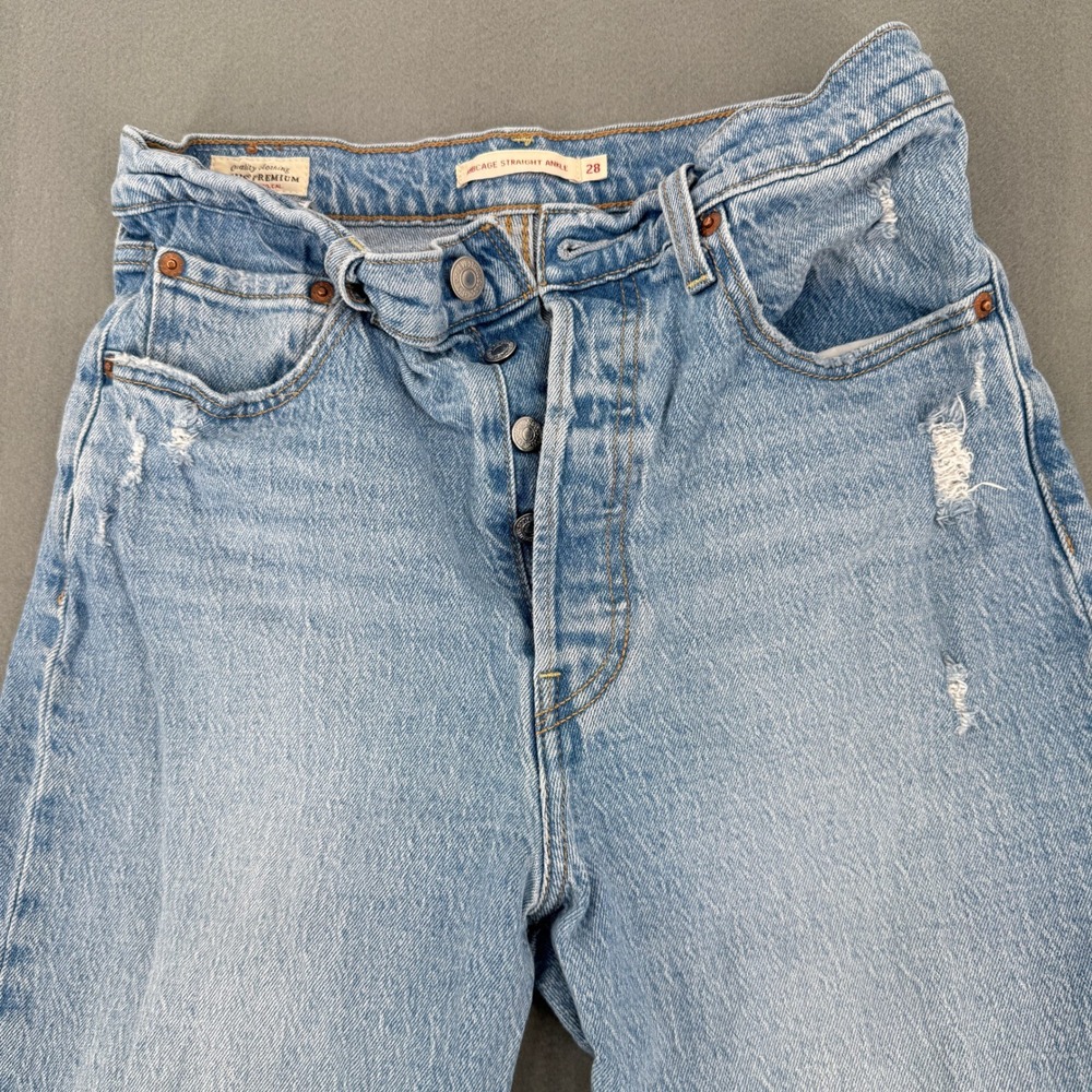 Levis Ribcage Straight Ankle Jeans 28 Cotton Distressed Light Wash Stretchy - Picture 2 of 16